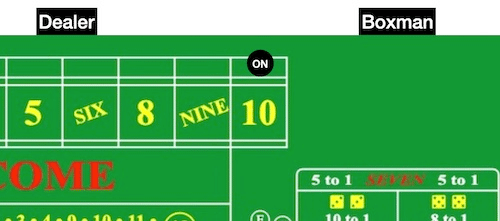 Craps table layout with the point highlighted with the puck