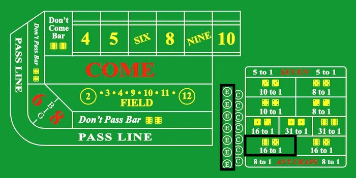 Craps Yo Bet highlighted on table layout