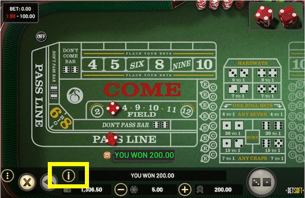 Online craps game with game options and rules button highlighted