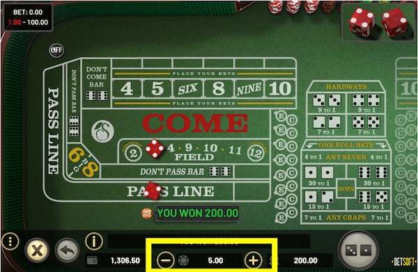 Free craps game highlighting bet denomination settings