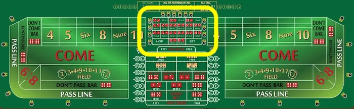 Craps table layout with Hop bets section highlighted